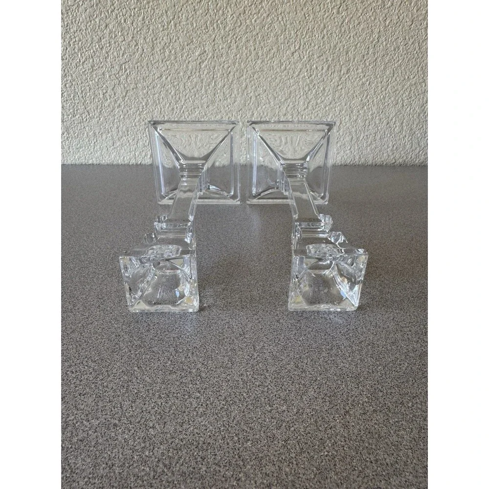 Pair Clear Glass Candlestick Holders 8” Tall Square Base Geometric Design